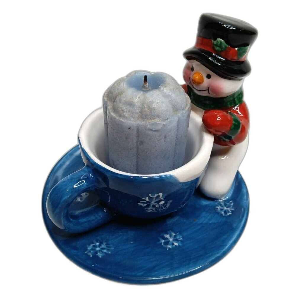 Christmas Ornament Snowman and Teacup Tealight Ceramic Candle Holder Decor